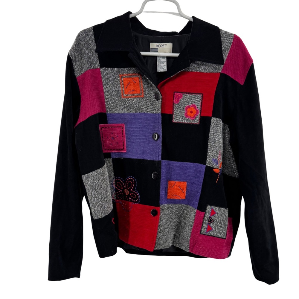 Koret Black Jacket shirt shacket L patchwork embroidered floral colorful square
